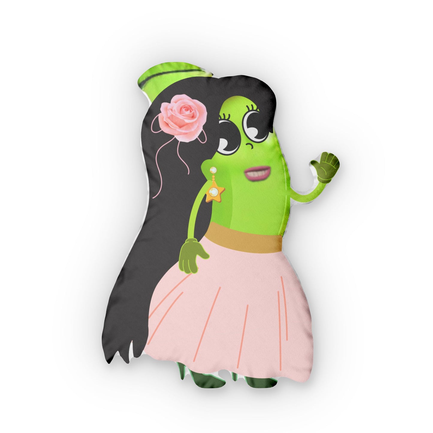 Green cartoon banana character pillow wearing a pink skirt, with long black hair and a pink flower accessory.