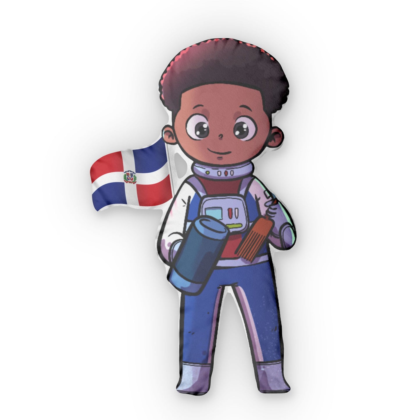 Kid astronaut throw pillow with dark hair holding a telescope and Dominican Republic flag.