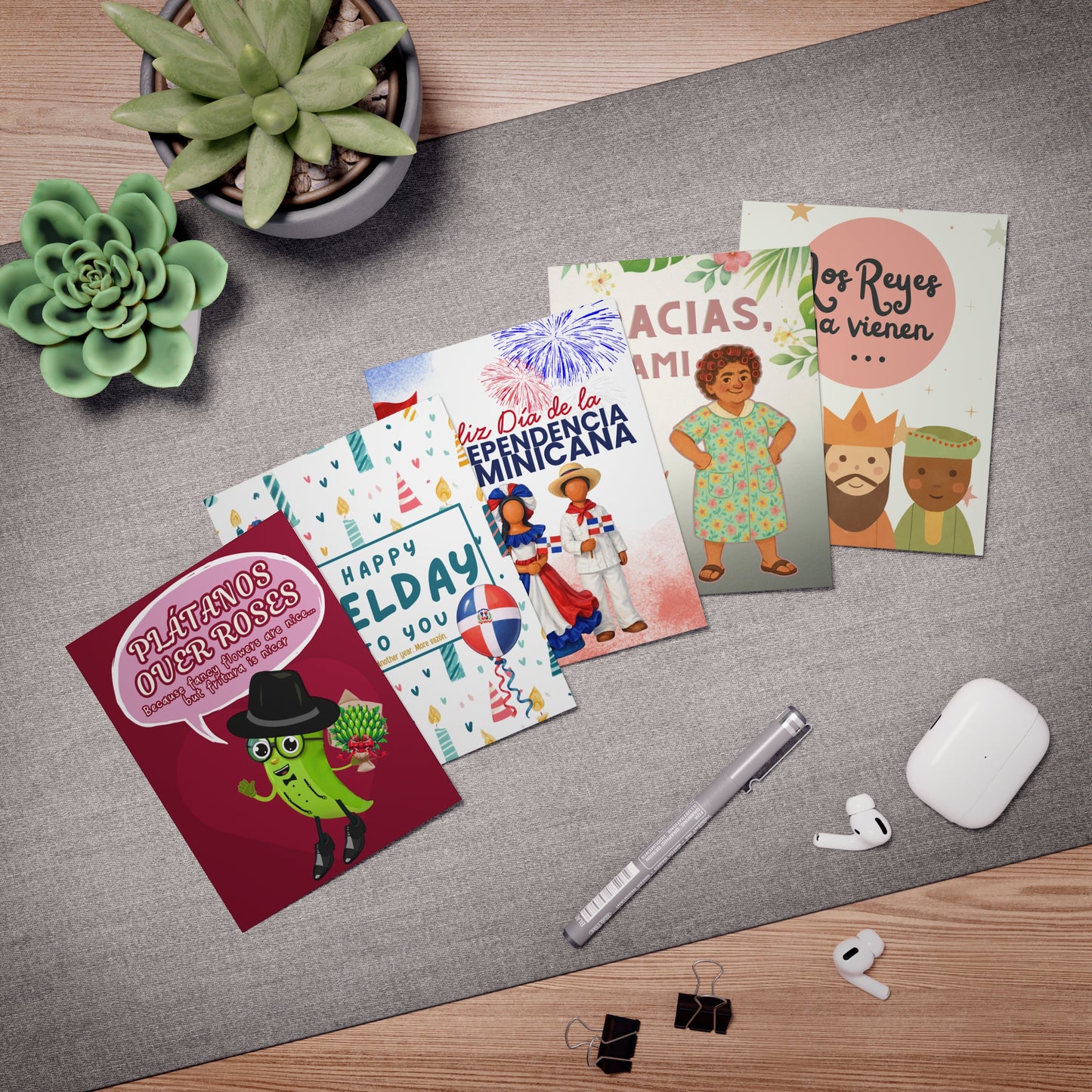 Dominican Greeting Cards Variety Pack — 5 Assorted Dominican Cards (Includes “Plátanos Over Roses” & “Happy Belday to You”)
