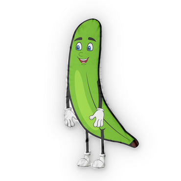 Green platano-shaped throw pillow with cartoon face and white-gloved hands and shoes.