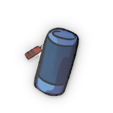 Blue cylindrical pillow with galaxy-inspired gradient and white zipper with red pull tab.