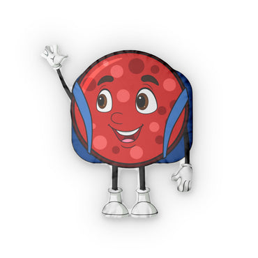 Round pillow designed as a smiling fried salami slice with cartoon eyes, arms, and legs.