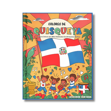 Colorful children's coloring book cover featuring Dominican flag, kids dancing, palm trees, and musical notes.
