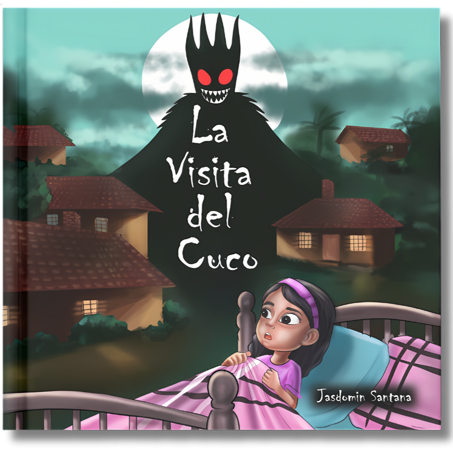 Girl in bed staring at dark shadow figure with red eyes against full moon and village houses at night.