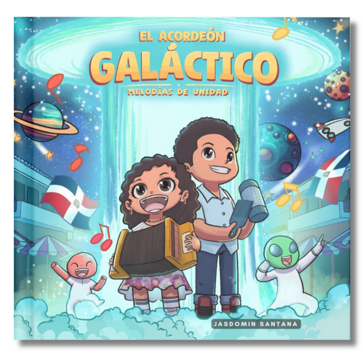 Colorful children's book cover featuring two animated kids playing Dominican instruments with a cosmic background.