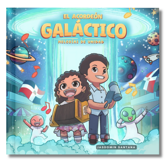 Colorful children's book cover featuring two animated kids playing Dominican instruments with a cosmic background.