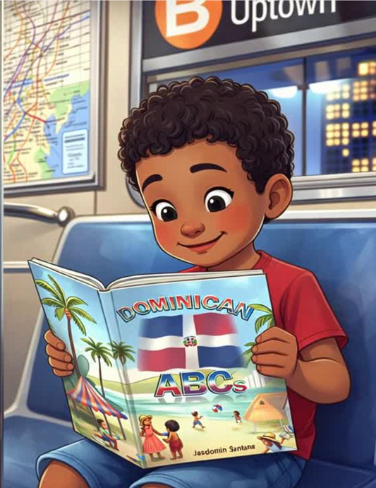 Dominican kid reading Dominican ABCs book by Jasdomin Santana