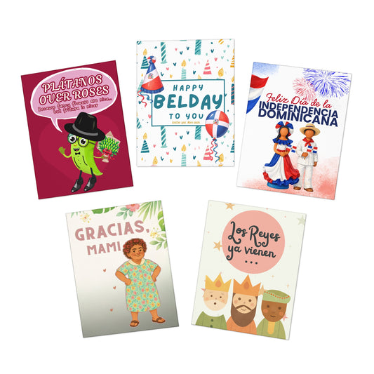 Dominican Greeting Cards Variety Pack — 5 Assorted Dominican Cards (Includes “Plátanos Over Roses” & “Happy Belday to You”)