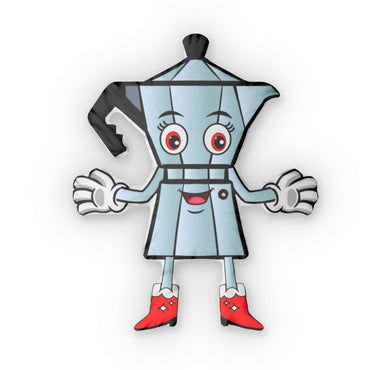 Light blue Mrs. Greca coffee pot-shaped pillow with big eyes, smiling mouth, white gloves, and red boots.