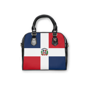 Shoulder bag with Dominican Republic flag print, black handles, and silver hardware.