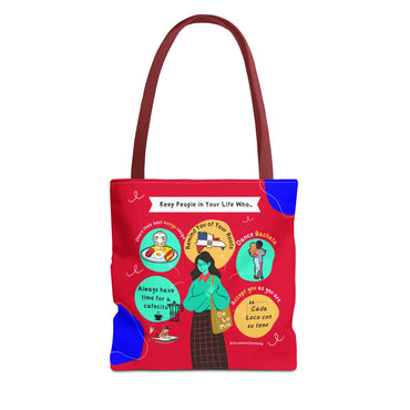 Red tote bag with colorful illustrations and inspirational message "Keep People in Your Life Who..." in playful font.