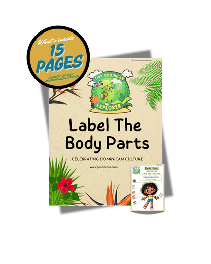 Colorful educational booklet titled "Label The Body Parts" with tropical leaves and a cartoon globe wearing a hat, promoting .