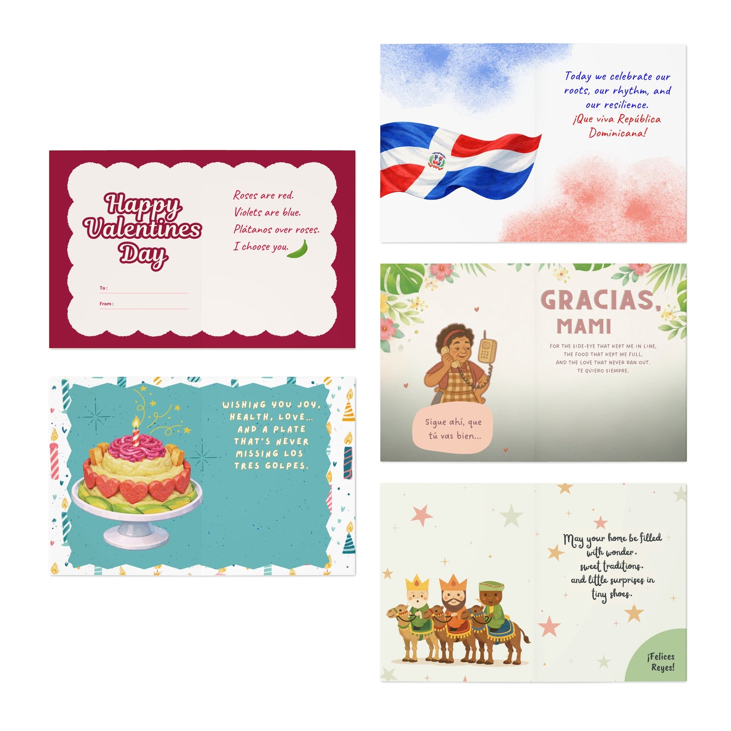 Dominican Greeting Cards Variety Pack — 5 Assorted Dominican Cards (Includes “Plátanos Over Roses” & “Happy Belday to You”)