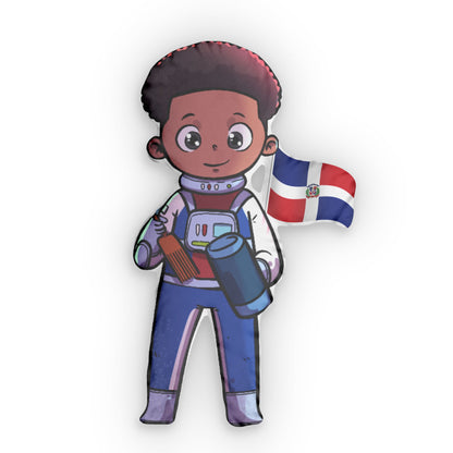 Throw pillow shaped like a cartoon astronaut holding a thermos with a Dominican Republic flag on the sleeve.
