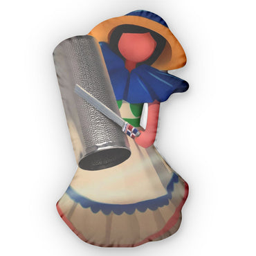 Throw pillow shaped like a faceless Dominican doll wearing a wide-brimmed hat and colorful traditional dress holding a metal .