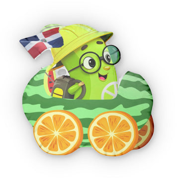 Green watermelon-shaped throw pillow featuring a smiling cartoon plant character wearing glasses and a yellow hat, with.
