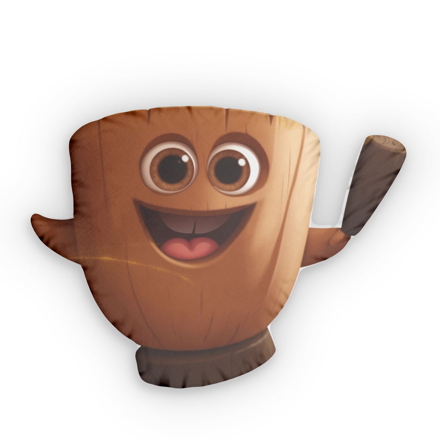 Brown pilón-shaped throw pillow with smiling face, large eyes, and wooden pestle detail on arm.