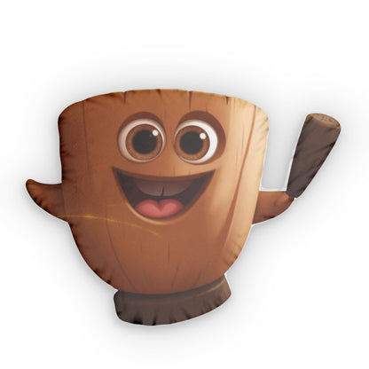 Brown pilón-shaped throw pillow with smiling face, large eyes, and wooden pestle detail on arm.