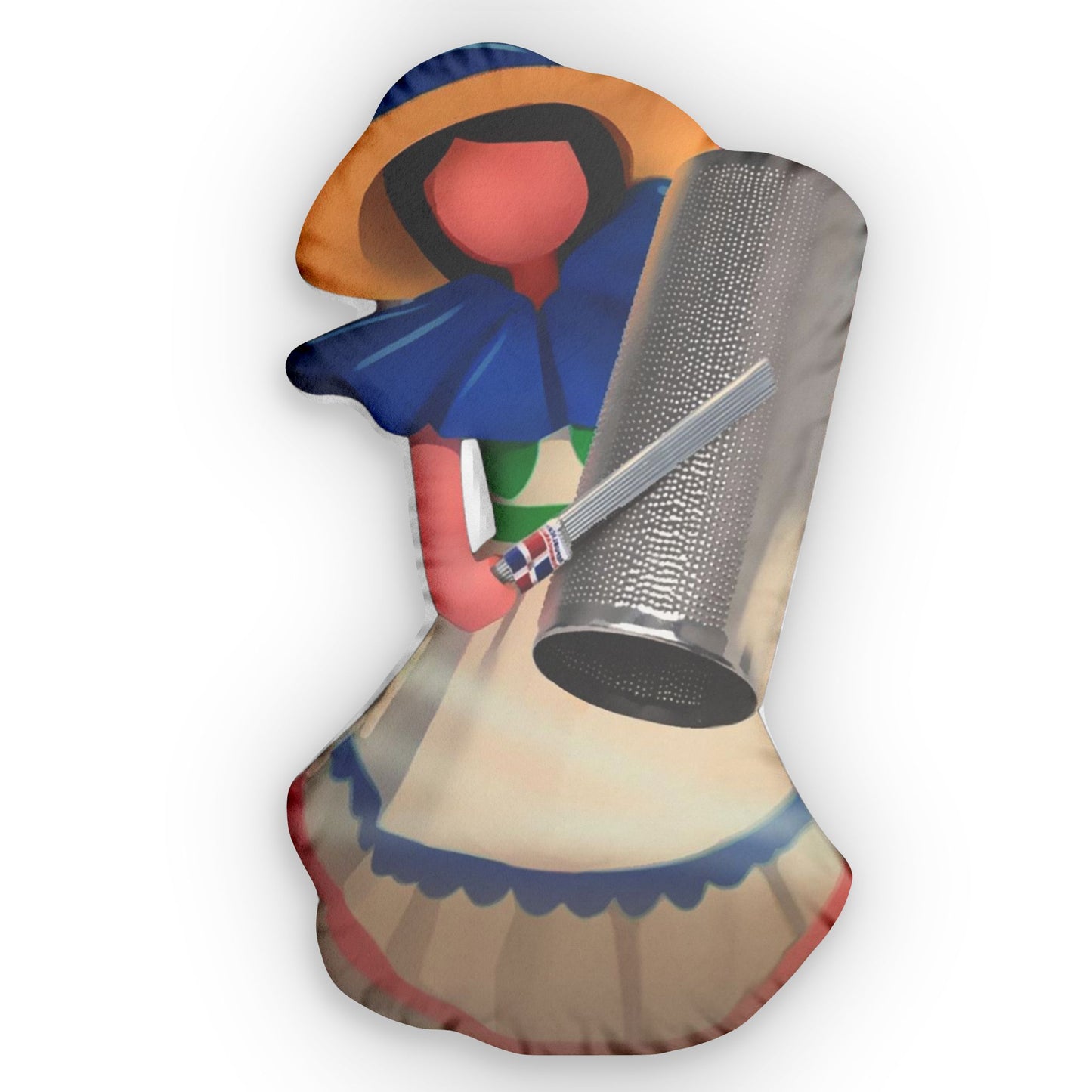 Faceless Dominican doll pillow wearing blue headscarf and traditional dress holding silver drum accessory.