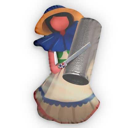Faceless Dominican doll pillow wearing blue headscarf and traditional dress holding silver drum accessory.