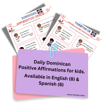 Two colorful positive affirmation cards for kids in English and Spanish with cartoon kids illustrations and hearts.