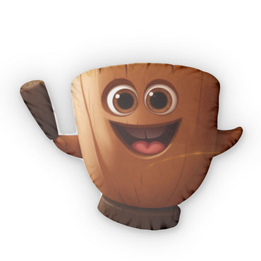 Brown pilón-shaped throw pillow with cartoon eyes, smiling mouth, and a pestle handle on the side.