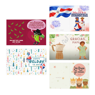 Dominican Greeting Cards Variety Pack — 5 Assorted Dominican Cards (Includes “Plátanos Over Roses” & “Happy Belday to You”)
