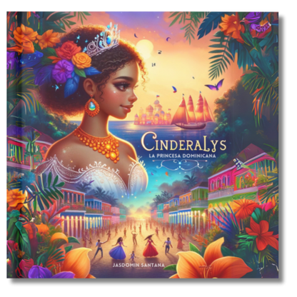 Colorful book cover illustration of a Dominican princess wearing a jeweled crown and necklace, surrounded by tropical.