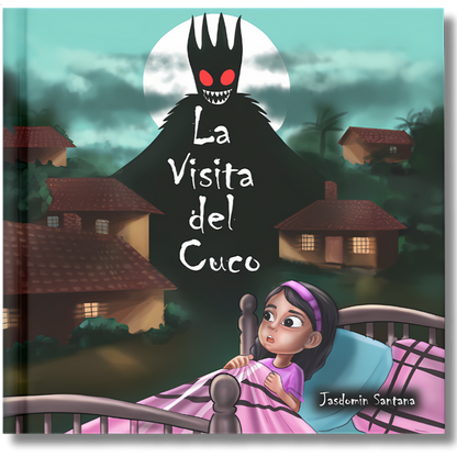 Girl in bed staring at dark shadow figure with red eyes against full moon and village houses at night.