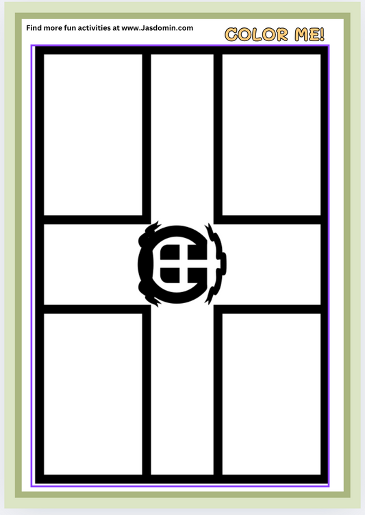 A digital coloring page of the Dominican Republic flag featuring a grid design with the national emblem in the center, and a website address at the top.