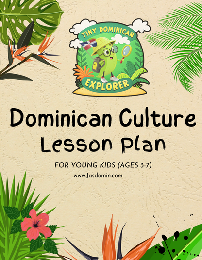 Colorful digital cover for Dominican Culture Lesson Plan featuring a cartoon green dinosaur explorer with glasses and.
